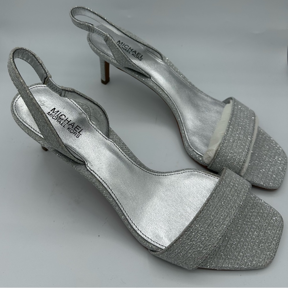 Michael Kors Women’s Sparkly Silver Open Toed 2.5 Inch Heel